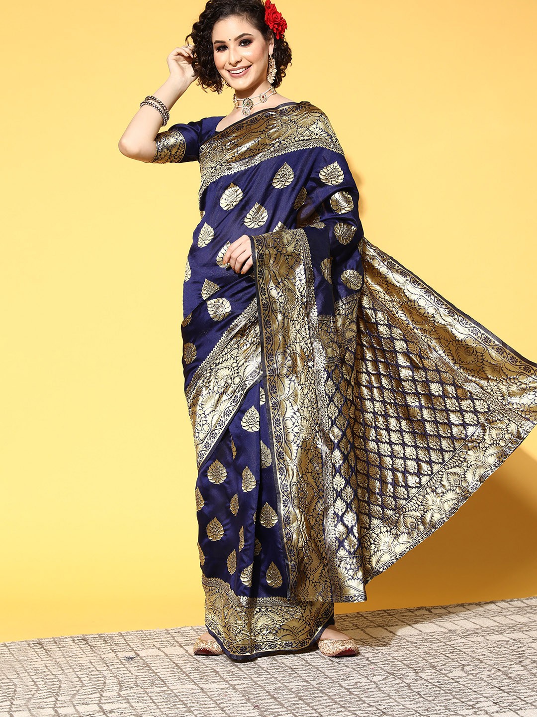 

Saree mall Ethnic Motifs Saree With Woven Design Border, Navy blue