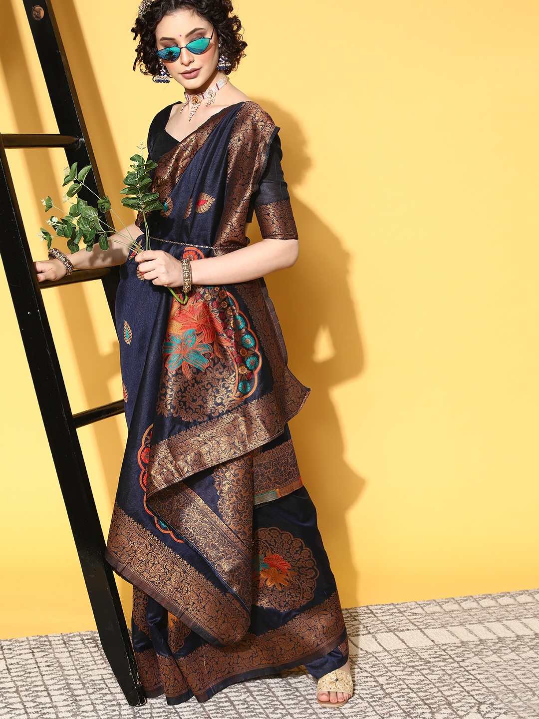 

Saree mall Ethnic Motifs Saree With Woven Design Border, Navy blue