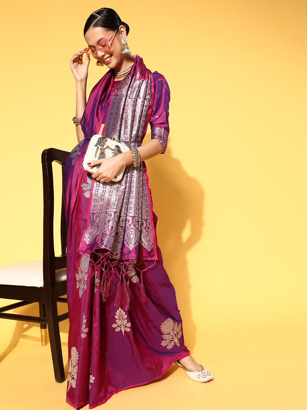 

Saree mall Floral Saree with Woven Design Border, Magenta
