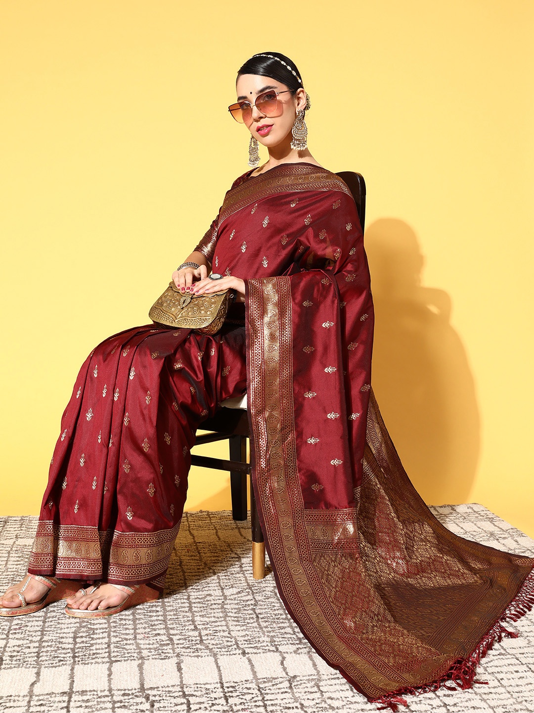 

Saree mall Ethnic Motifs Saree with Woven Design Border, Maroon