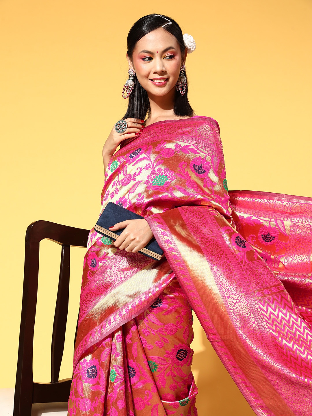 

Saree mall Floral Saree With Woven Design Border, Fuchsia