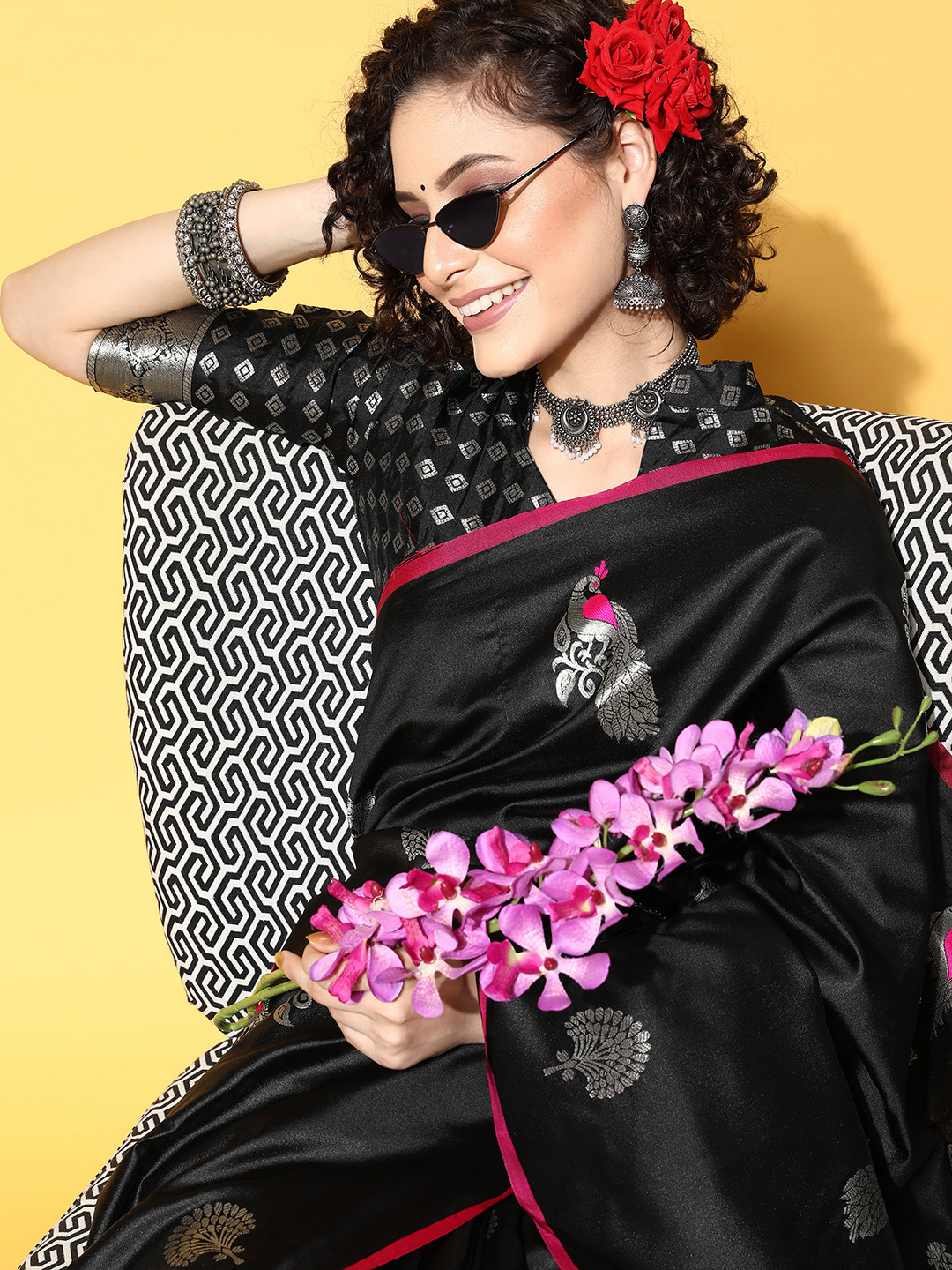 

Saree mall Ethnic Motifs Saree With Woven Design Border, Black