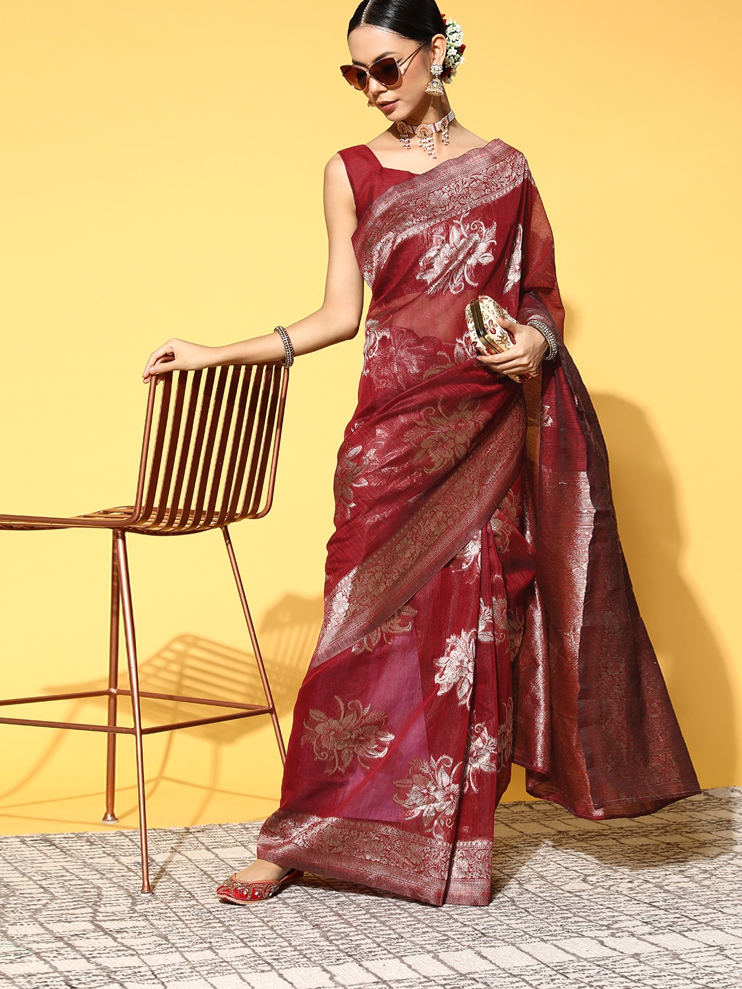 

Saree mall Ethnic Motifs Saree With Woven Design Border, Maroon