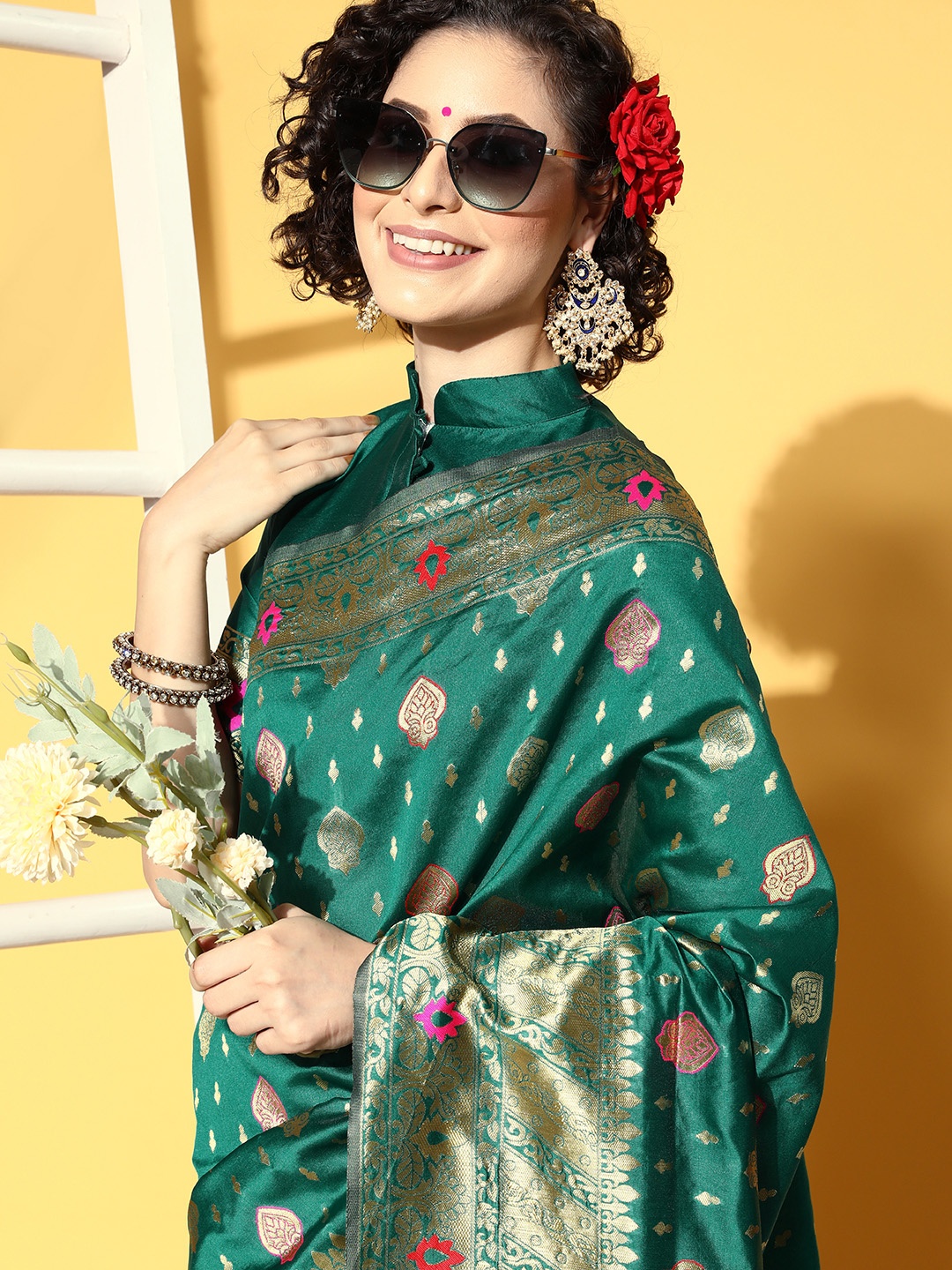 

Saree mall Ethnic Motifs Saree With Woven Design Border, Green