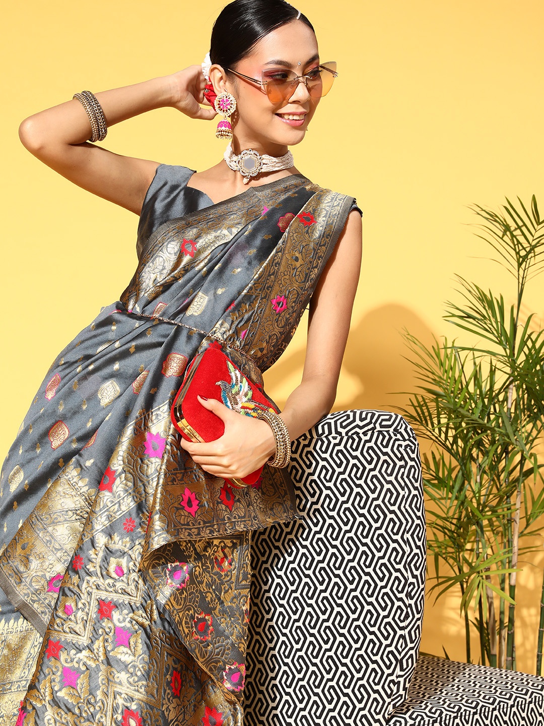 

Saree mall Floral Saree with Woven Design Border, Grey