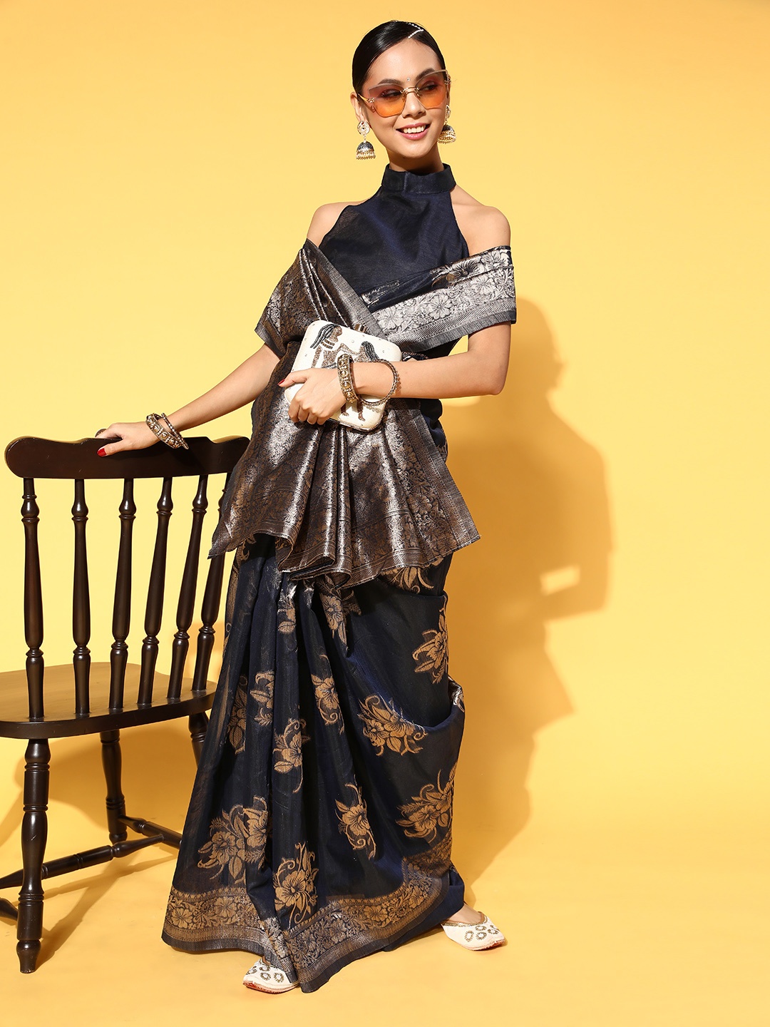 

Saree mall Ethnic Motifs Saree With Woven Design Border, Navy blue