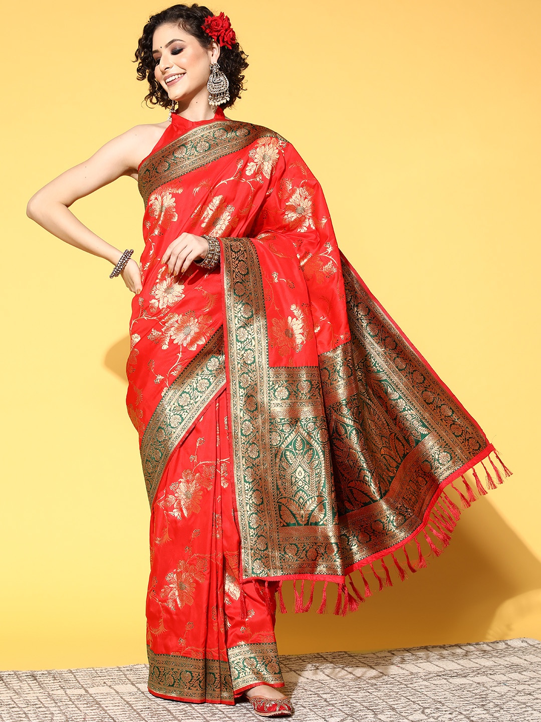 

Saree mall Ethnic Motifs Saree With Woven Design Border, Red