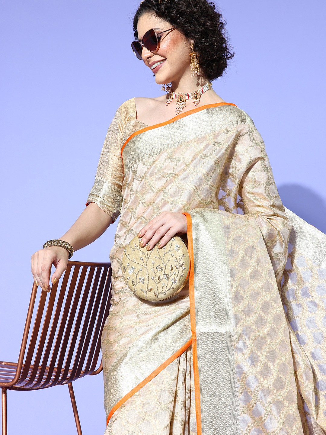 

Saree mall Ethnic Motifs Saree With Woven Design Border, Cream