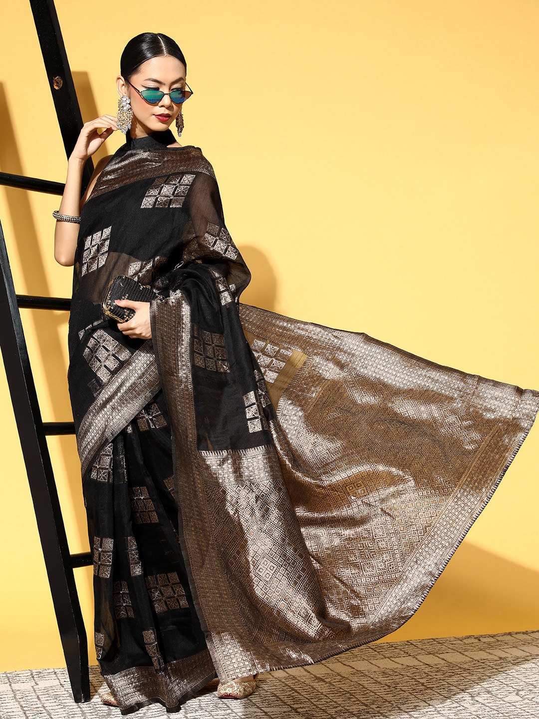

Saree mall Geometric Saree With Woven Design Border, Black