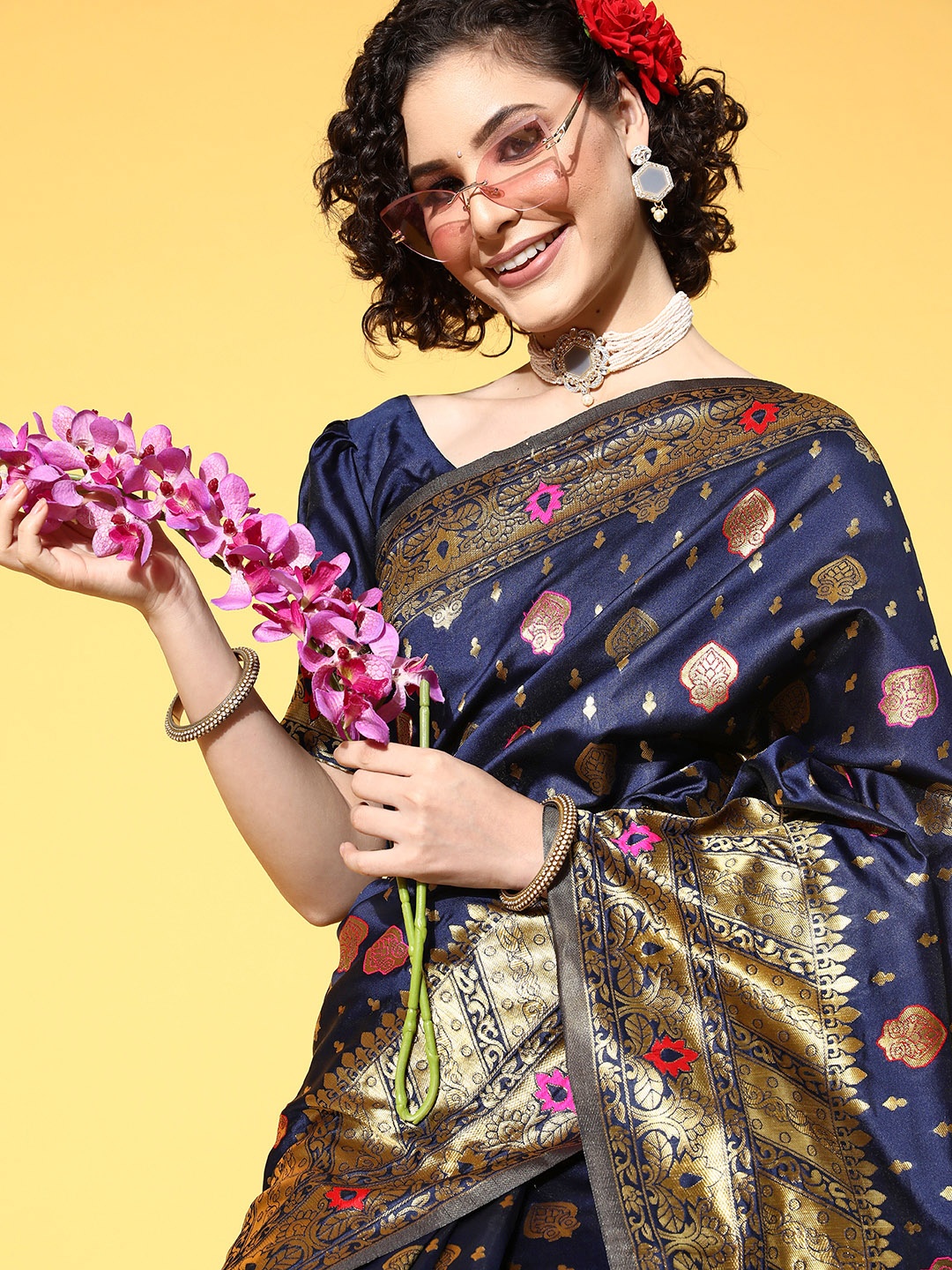 

Saree mall Ethnic Motifs Saree With Woven Design Border, Navy blue