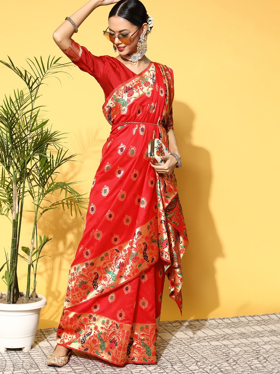 

Saree mall Ethnic Motifs Saree With Woven Design Border, Red