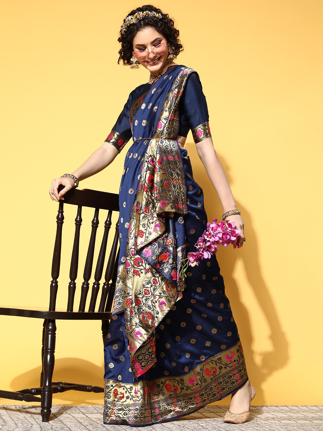 

Saree mall Ethnic Motifs Saree With Woven Design Border, Navy blue