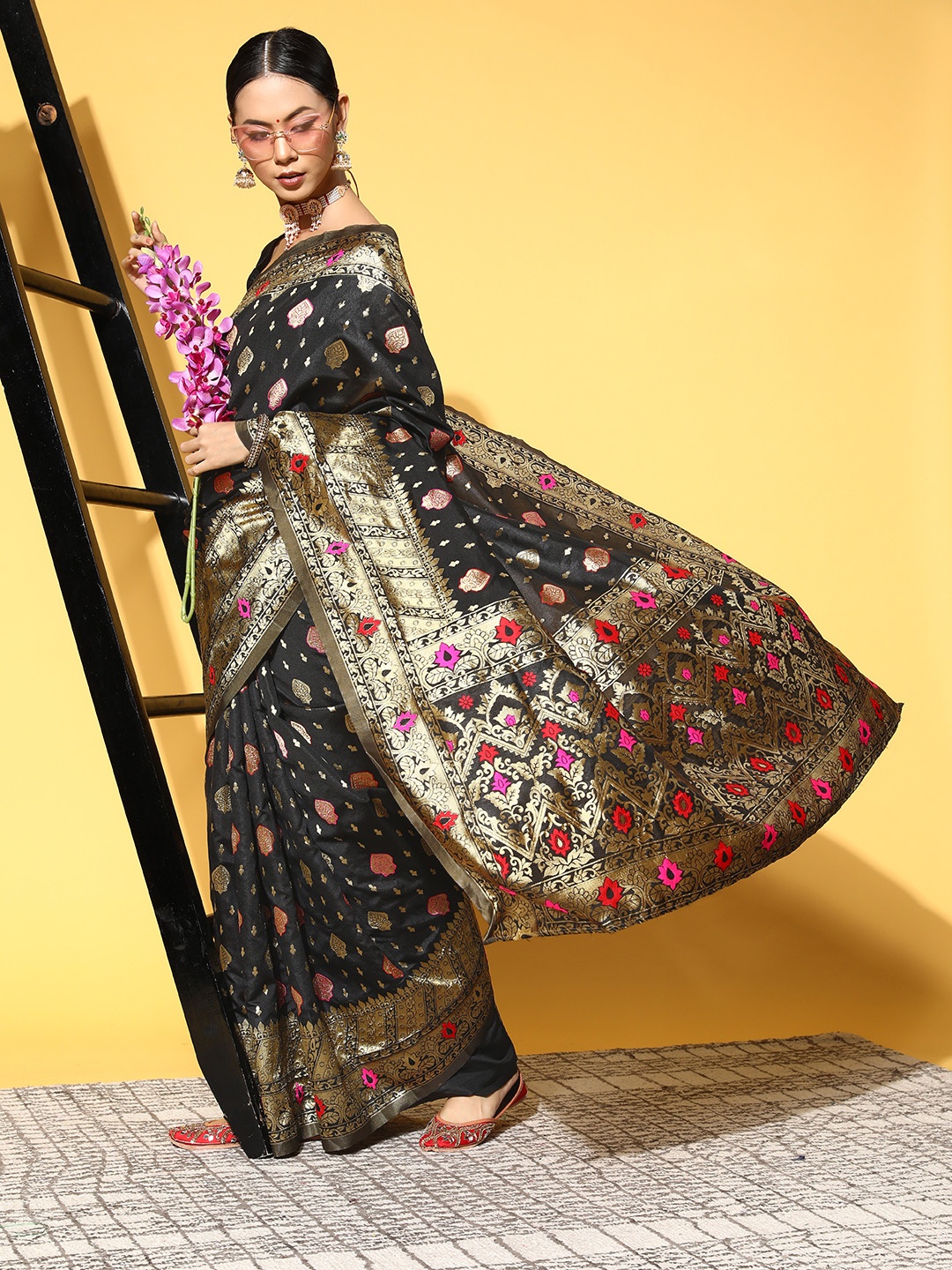 

Saree mall Ethnic Motifs Saree With Woven Design Border, Black