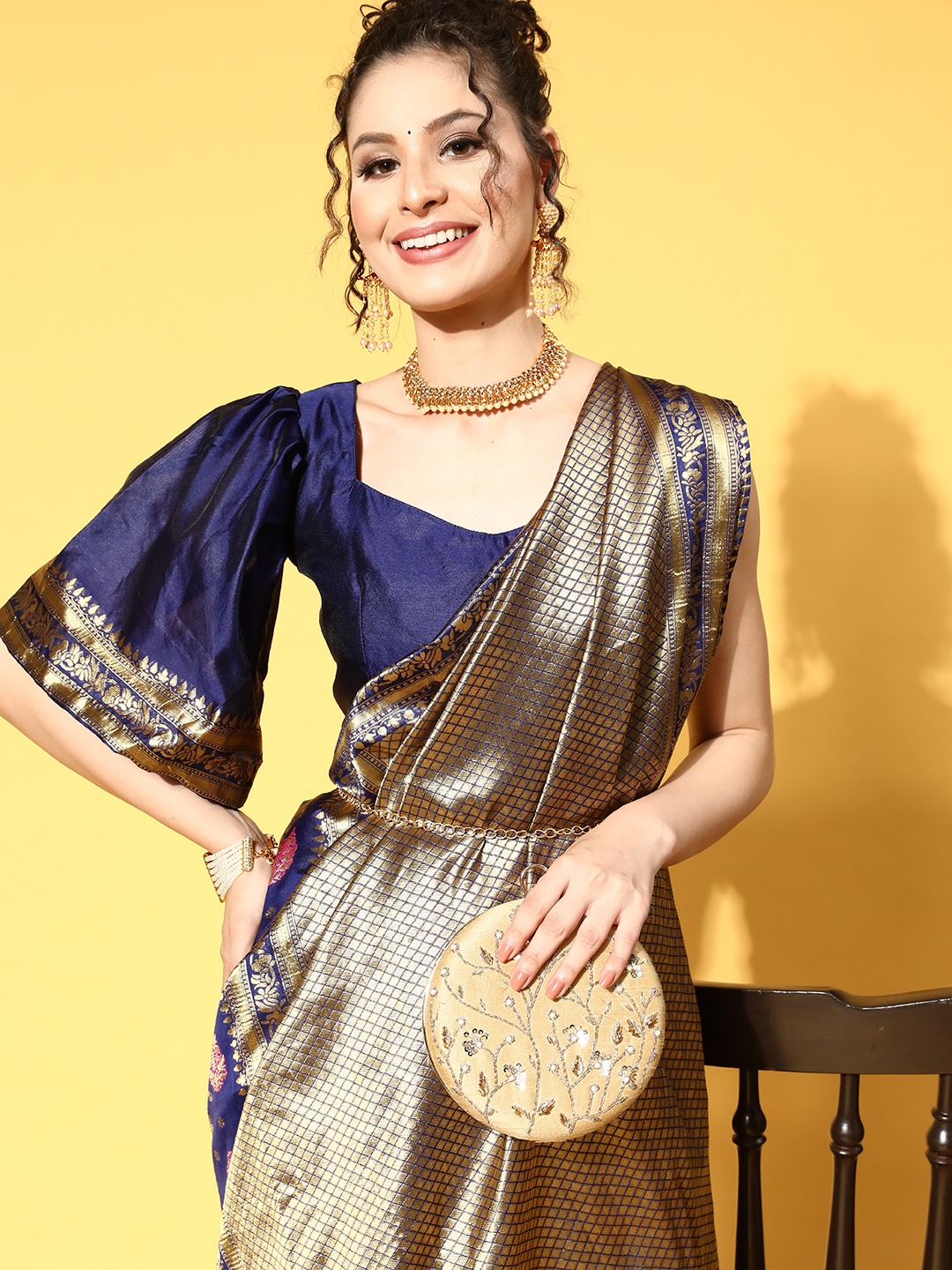 

Saree mall Ethnic Motifs Saree with Woven Design Border, Navy blue
