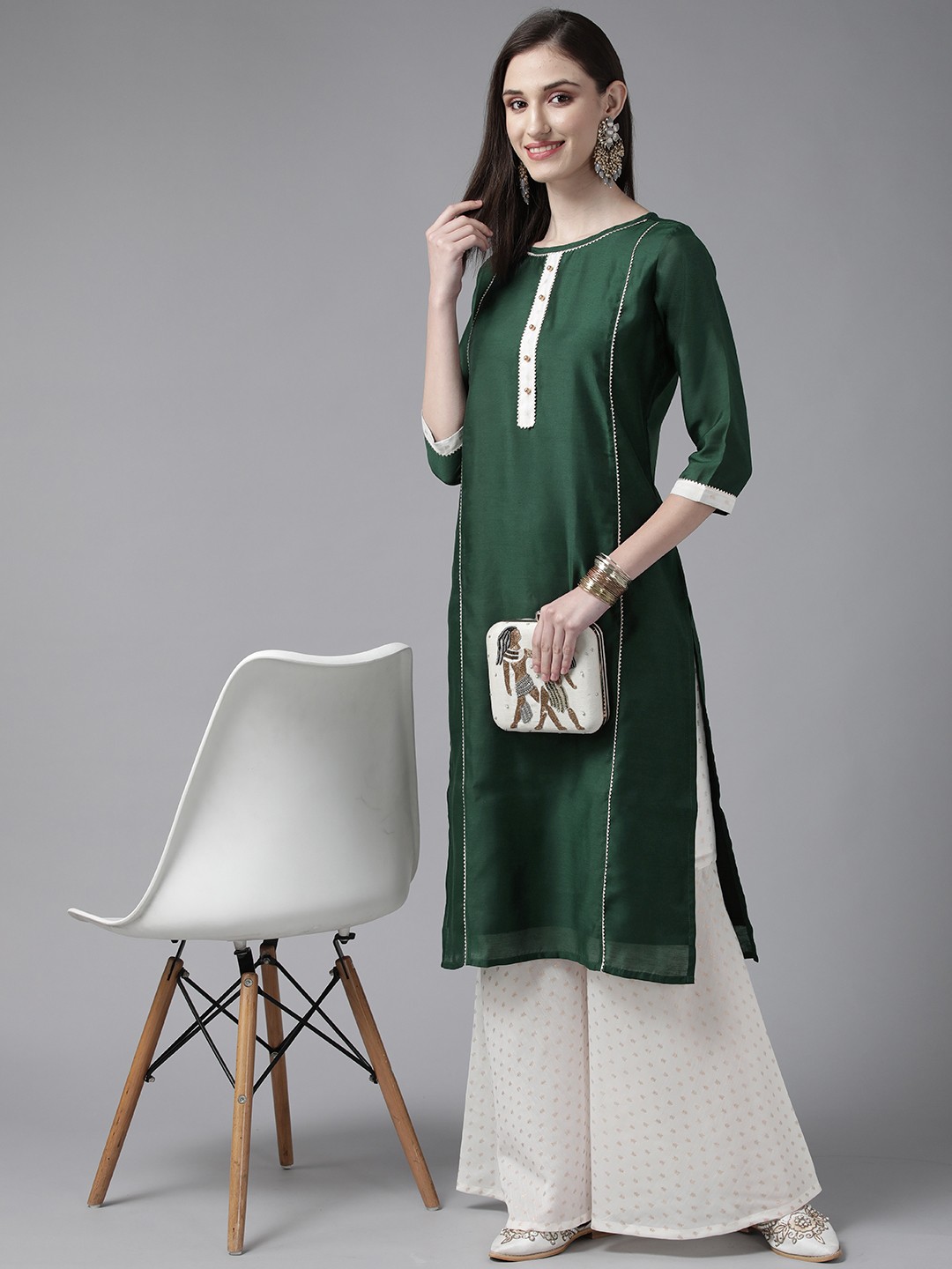 

Ahalyaa Women Green Pleated Gotta Patti Chanderi Silk Kurta with Sharara