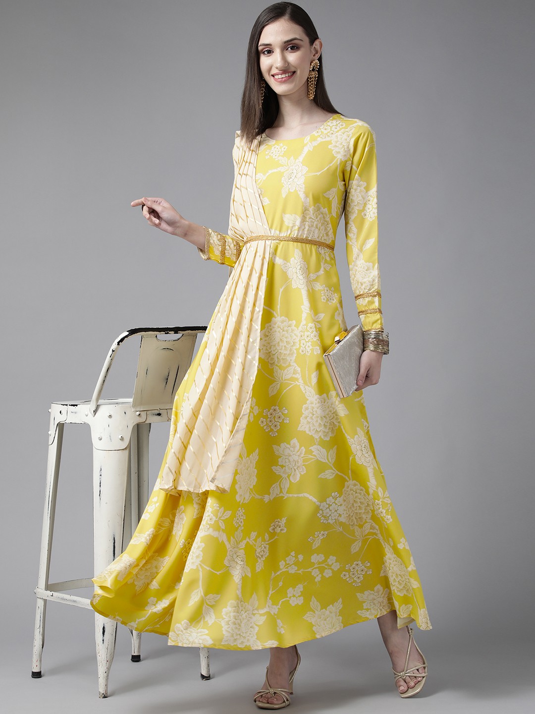 

Ahalyaa Women Yellow & Off White Floral A-Line Maxi Dress with Attached Dupatta & Belt