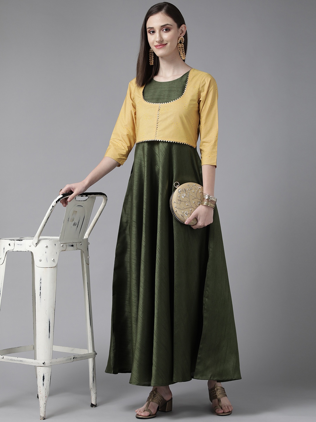 

Ahalyaa Women Olive Green & Mustard Yellow A-Line Maxi Dress