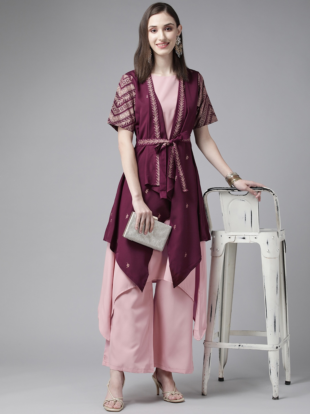 

Ahalyaa Women Burgundy Kurta with Palazzos & Jacket, Pink