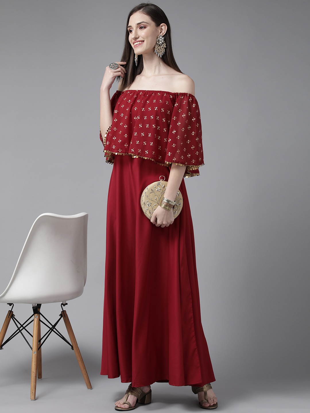

Ahalyaa Women Maroon & Golden Ethnic Motifs Off-Shoulder Maxi Dress