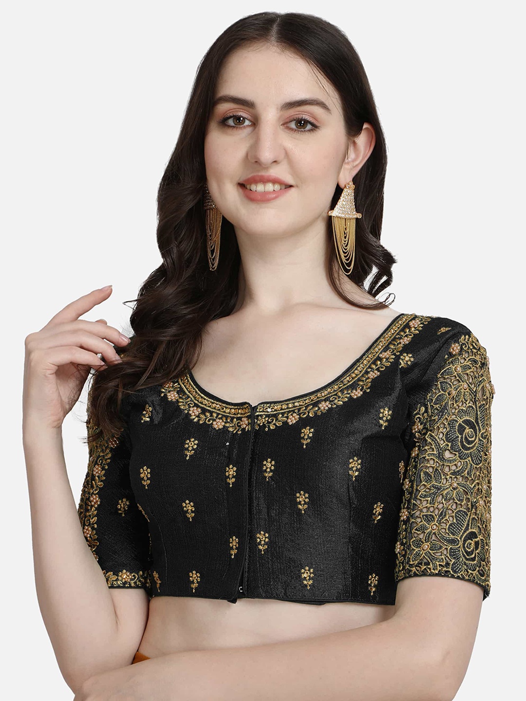 

Mesmore Women Black & Gold Embroidered Silk Saree Blouse