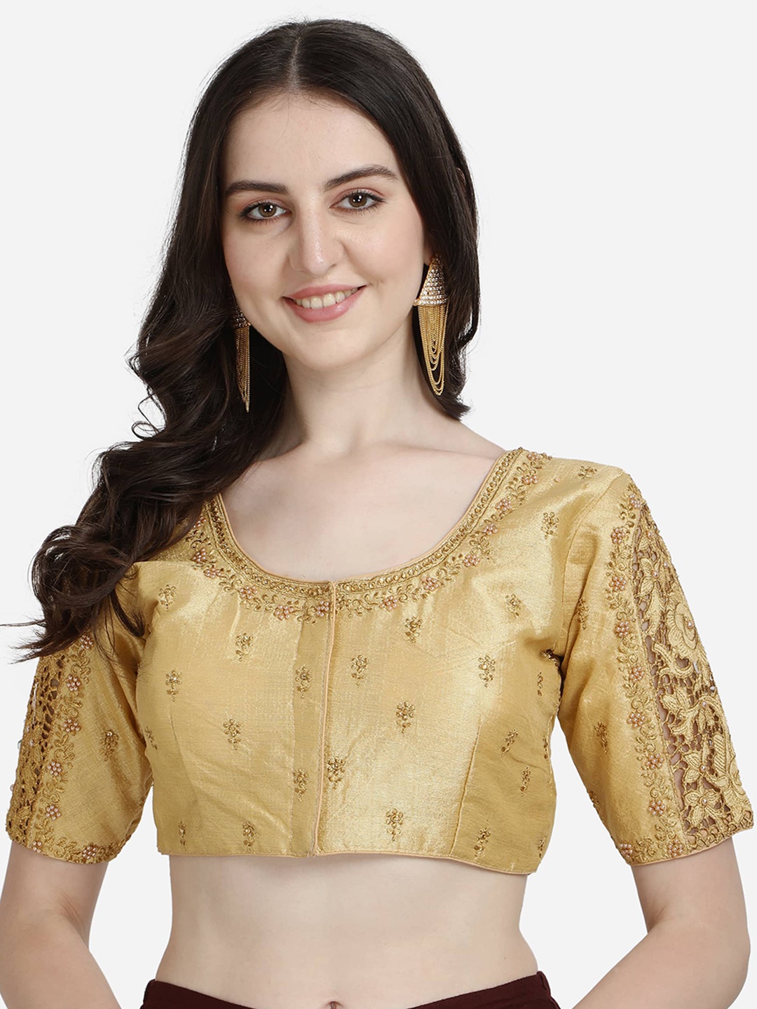 

Mesmore Women Beige & Golden Embroidered Silk Saree Blouse