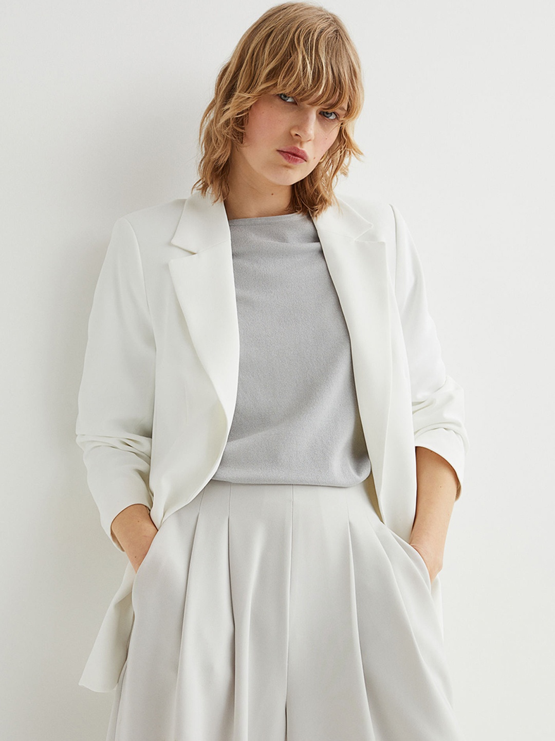 

H&M Women White Solid 3/4-Length-Sleeve Jacket