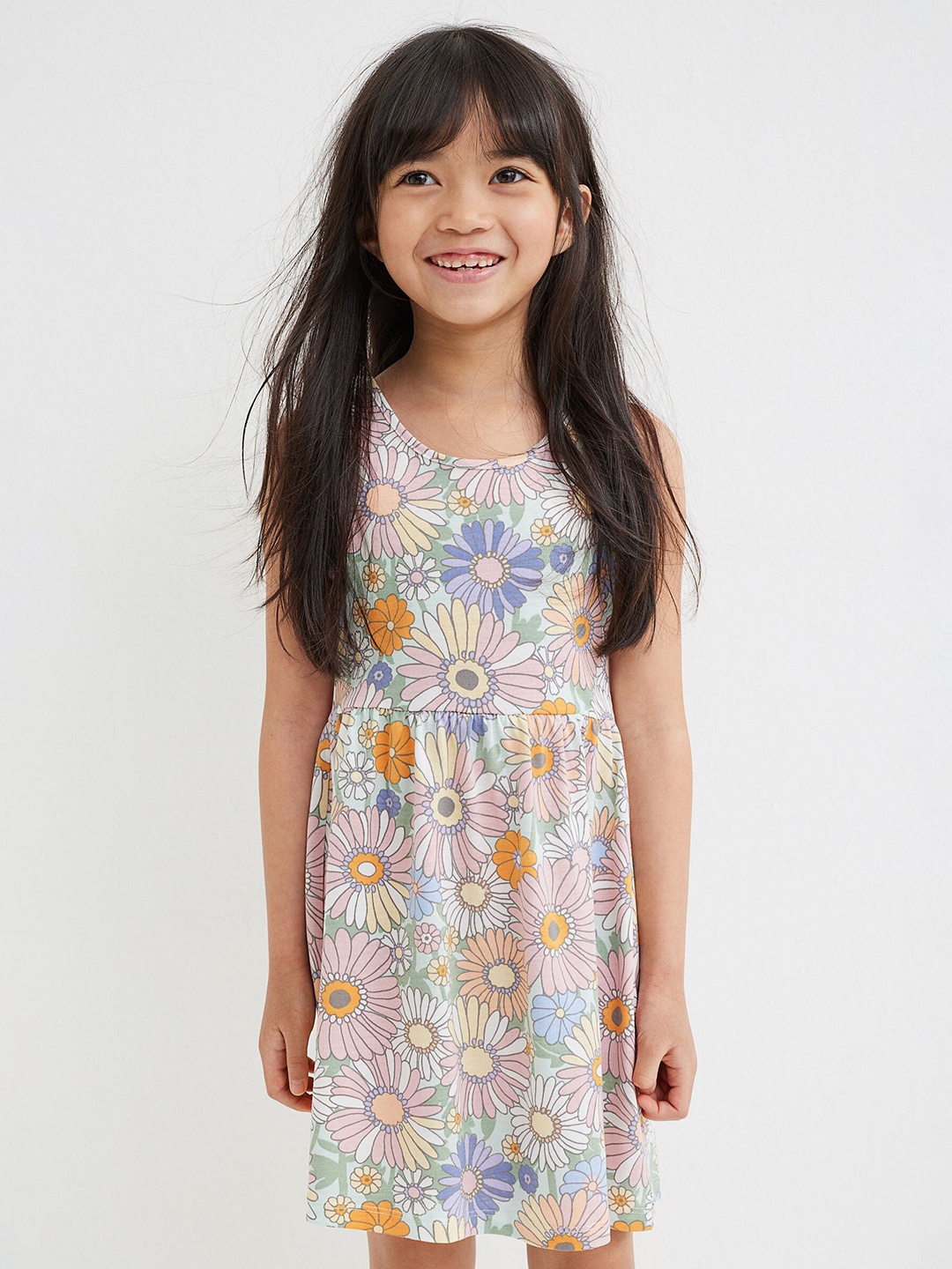 

H&M Girls Multicolored Round Neck Cotton Patterned Jersey Dress, Multi