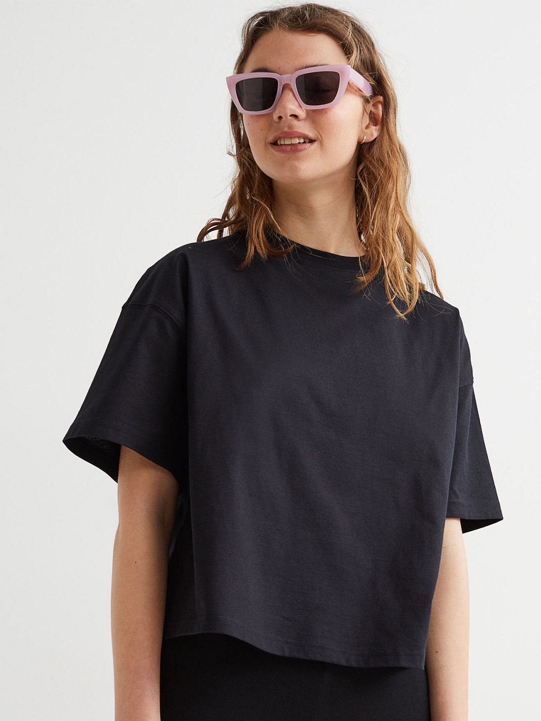 

H&M Women Black Solid Regular-Fit Boxy T-shirt