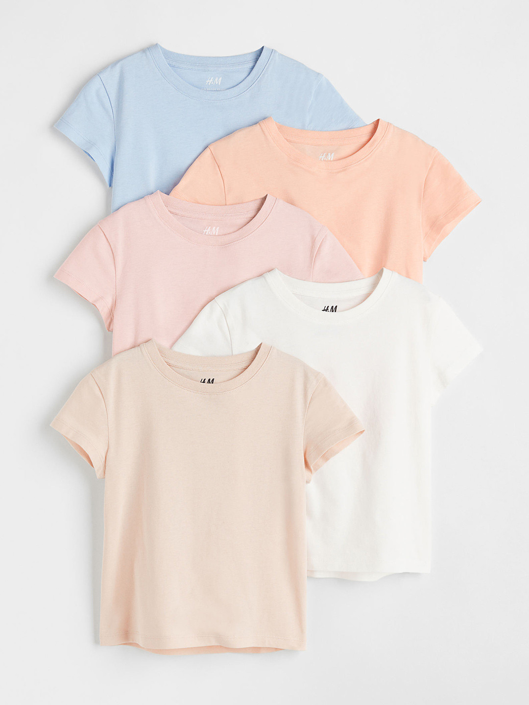 

H&M Girls Pack Of 5 Solid Pure Cotton T-shirts, Beige
