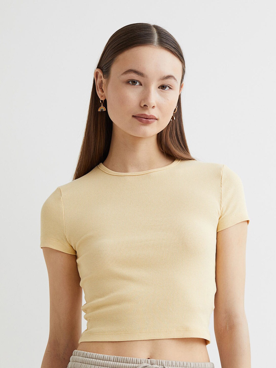 

H&M Women Yellow Ribbed Cropped Top