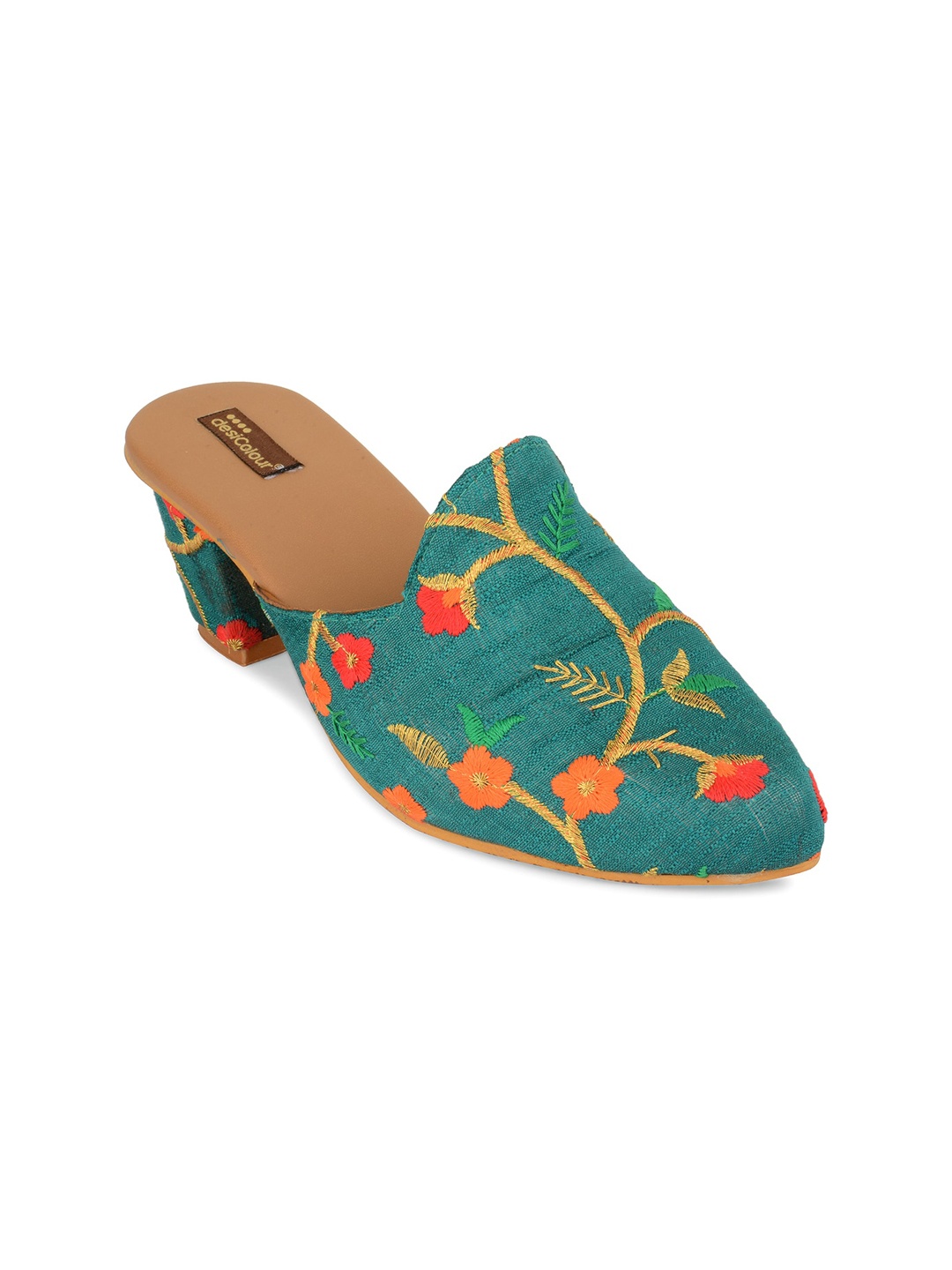 

DESI COLOUR Women Teal Embellished Ethnic Block Mules