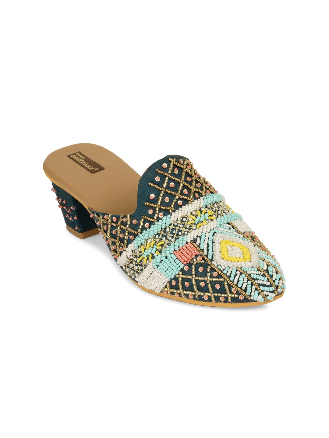 

DESI COLOUR Women Green multi color Hand Embroided Ethnic Block Mules