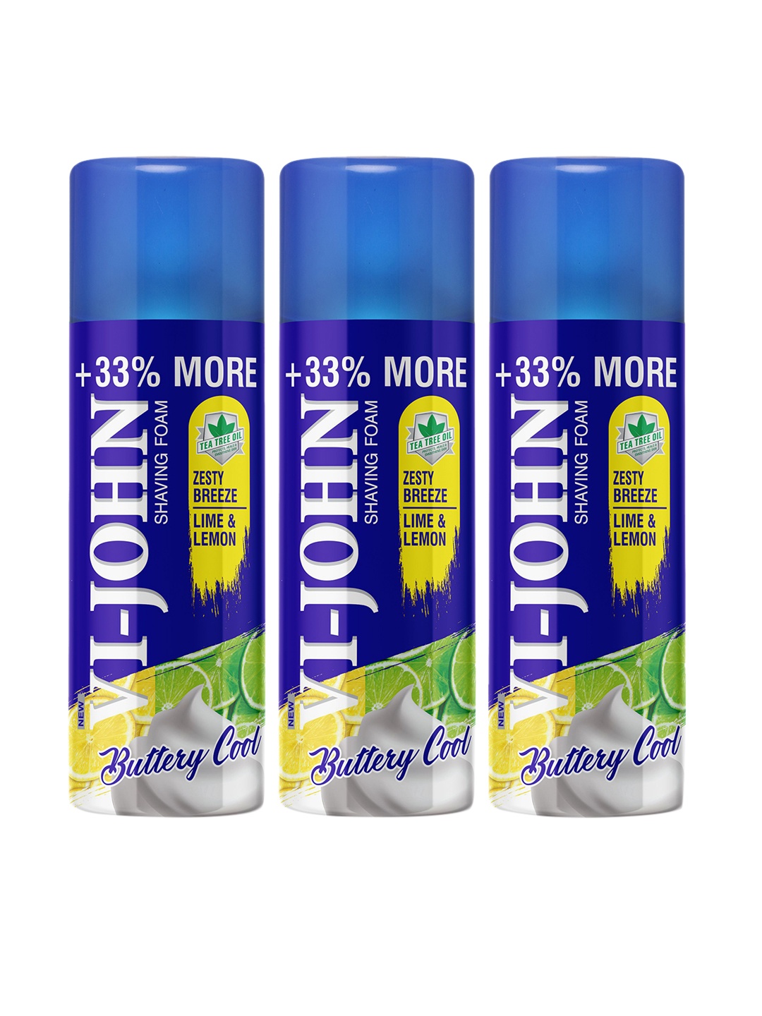 

VI-JOHN Set of 3 Zesty Breeze Lemon & Lime Shaving Foam with Menthol & Aloevera 400 g each, Multi