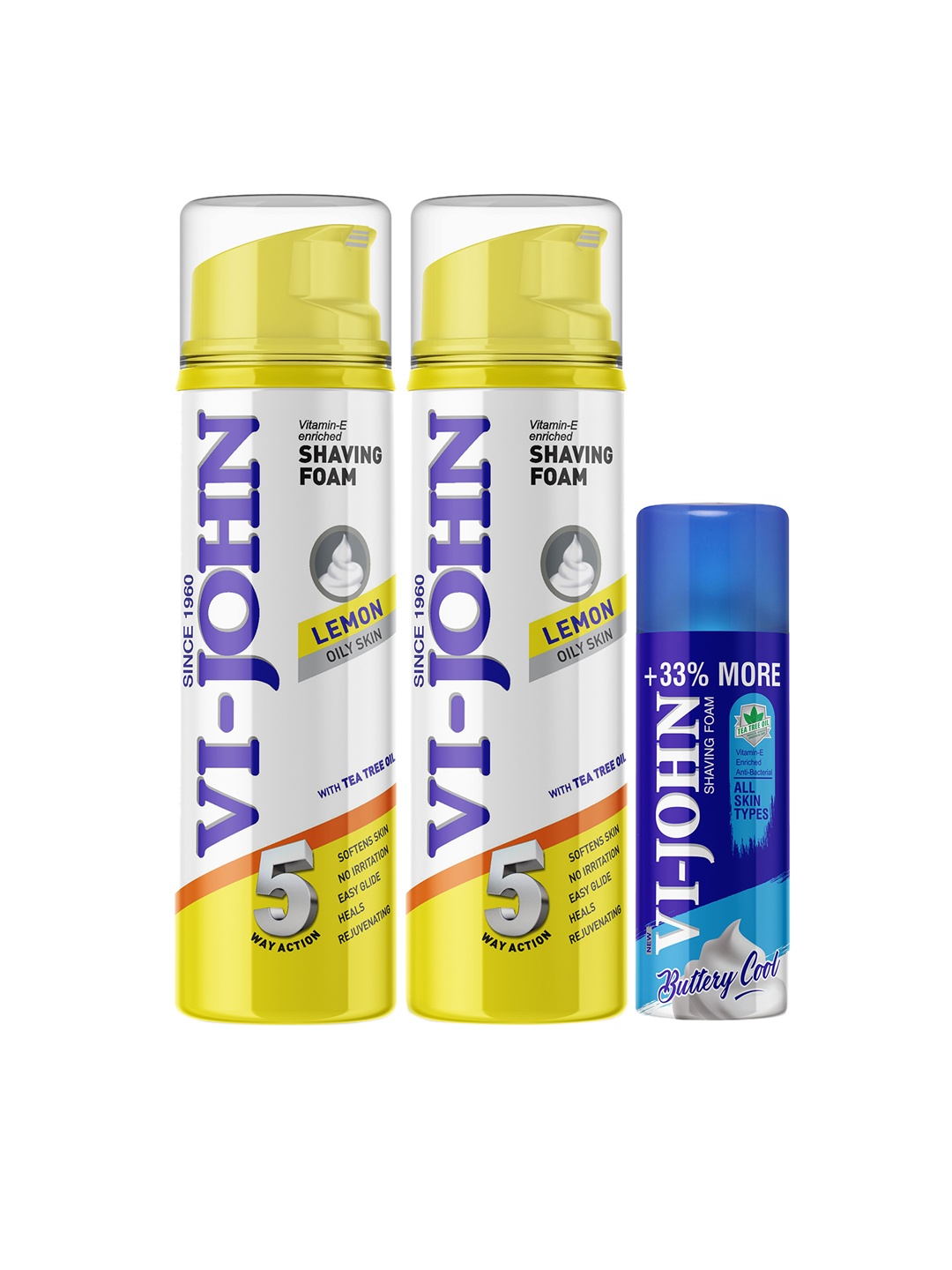 VI-JOHN Set of Lemon 5-Way Action 200 ml each & Buttery Cool Shaving Foam 100 ml, Multi
