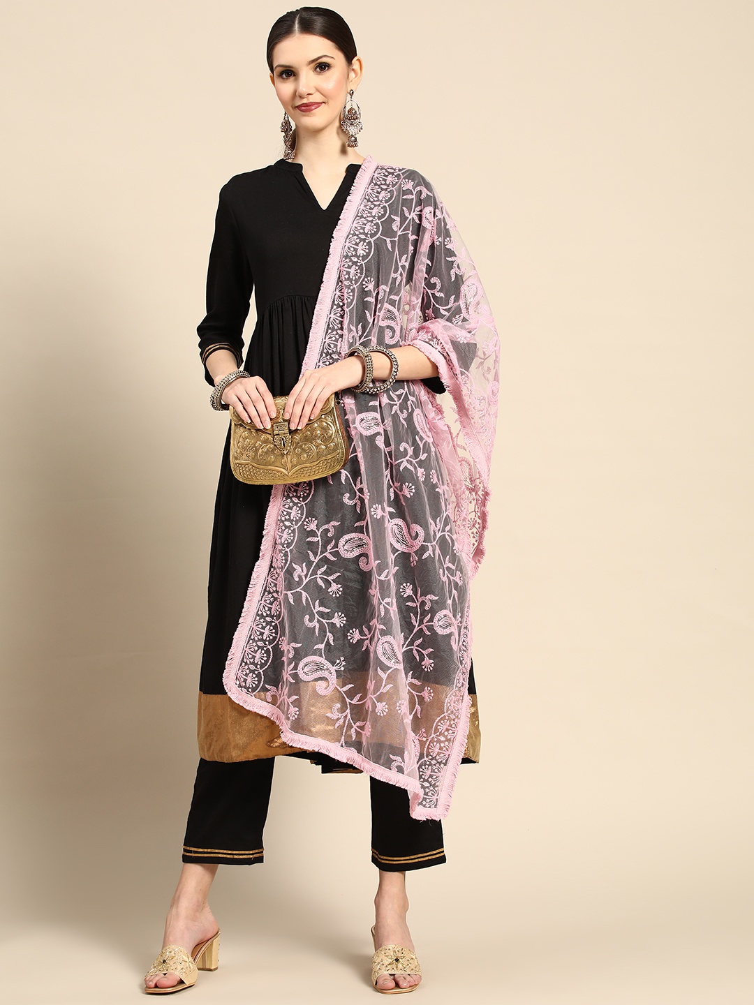 

Saadgi Pink Ethnic Motifs Chikankari Embroidered Dupatta