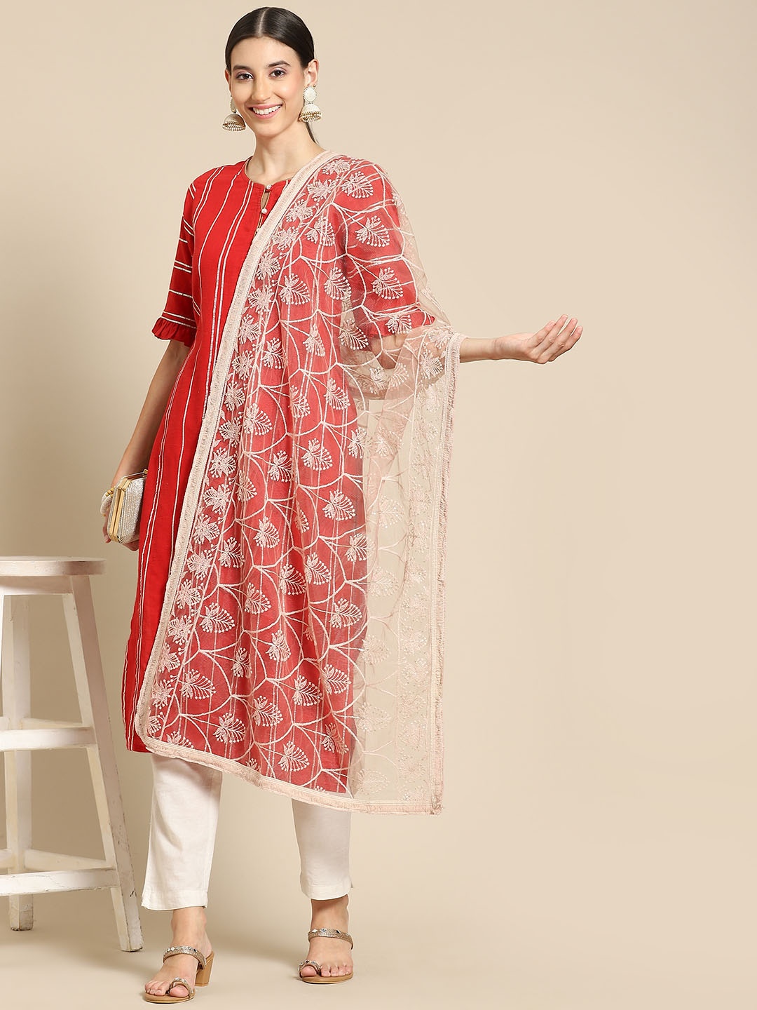 

Saadgi Beige & Gold-Toned Ethnic Motifs Embroidered Dupatta with Chikankari