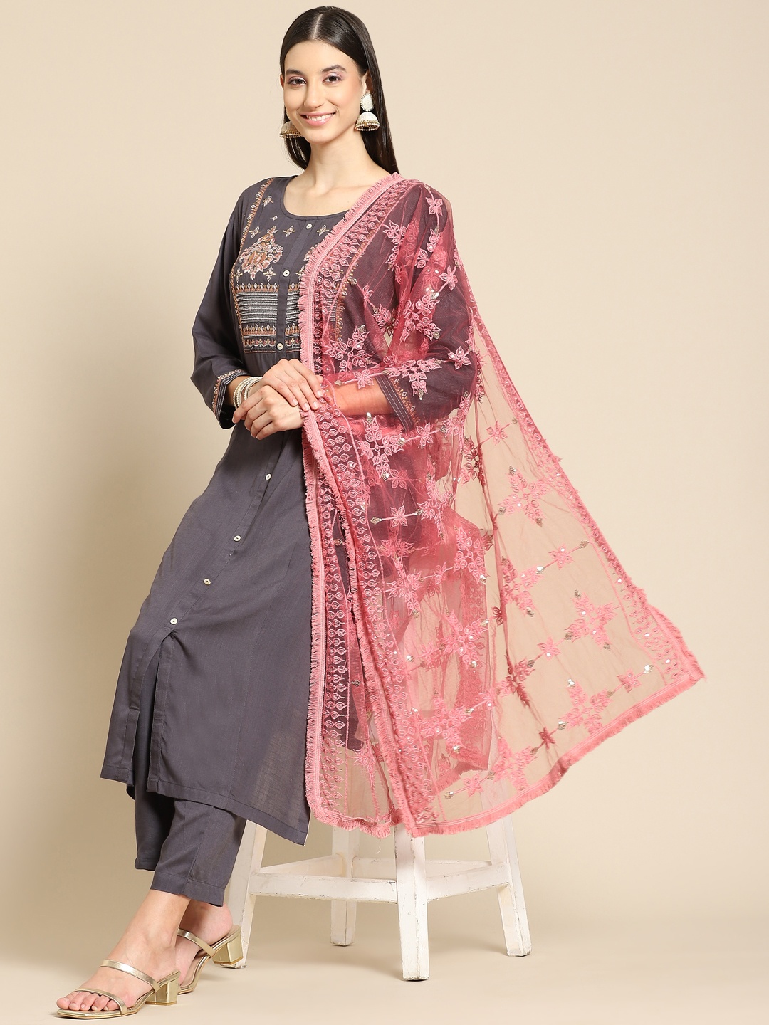 

Saadgi Rose Gold & Gold-Toned Ethnic Motifs Embroidered Dupatta with Chikankari