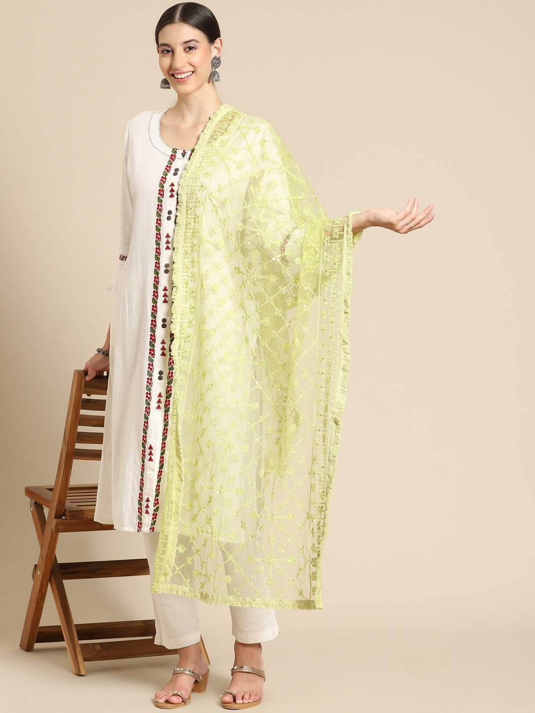 

Saadgi Fluorescent Green Chikankari Embroidered Dupatta