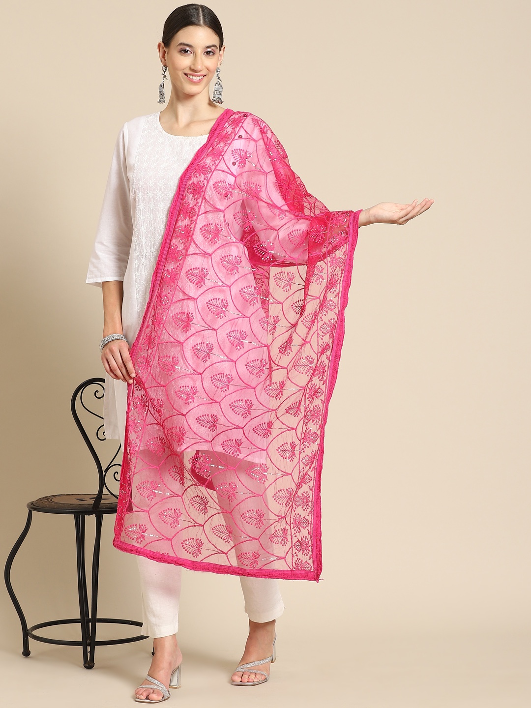 

Saadgi Pink Chikankari Embroidered Dupatta