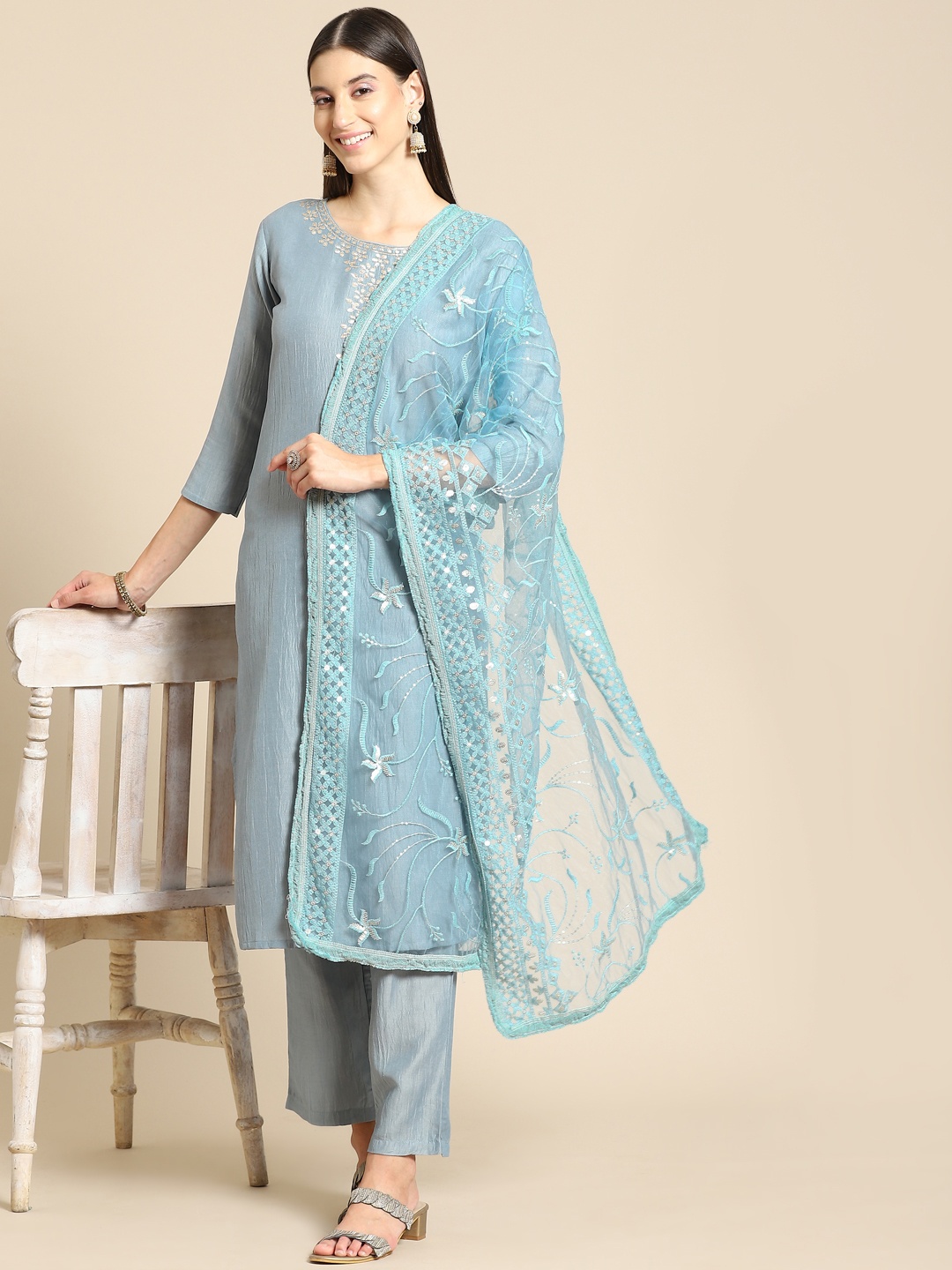 

Saadgi Turquoise Blue & Golden Chikankari Embroidered Dupatta