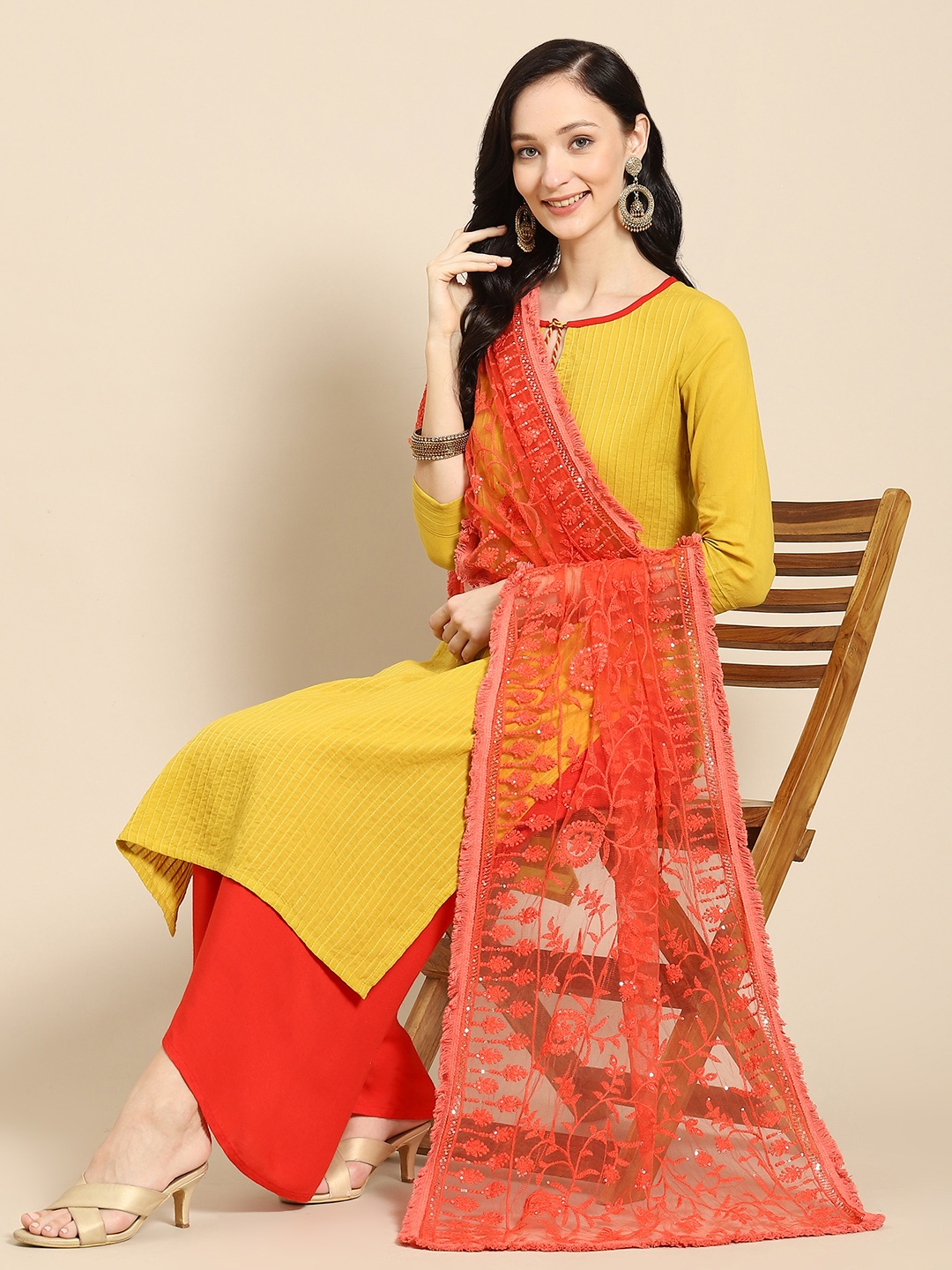 

Saadgi Red & Gold-Toned Ethnic Motifs Embroidered Dupatta with Chikankari