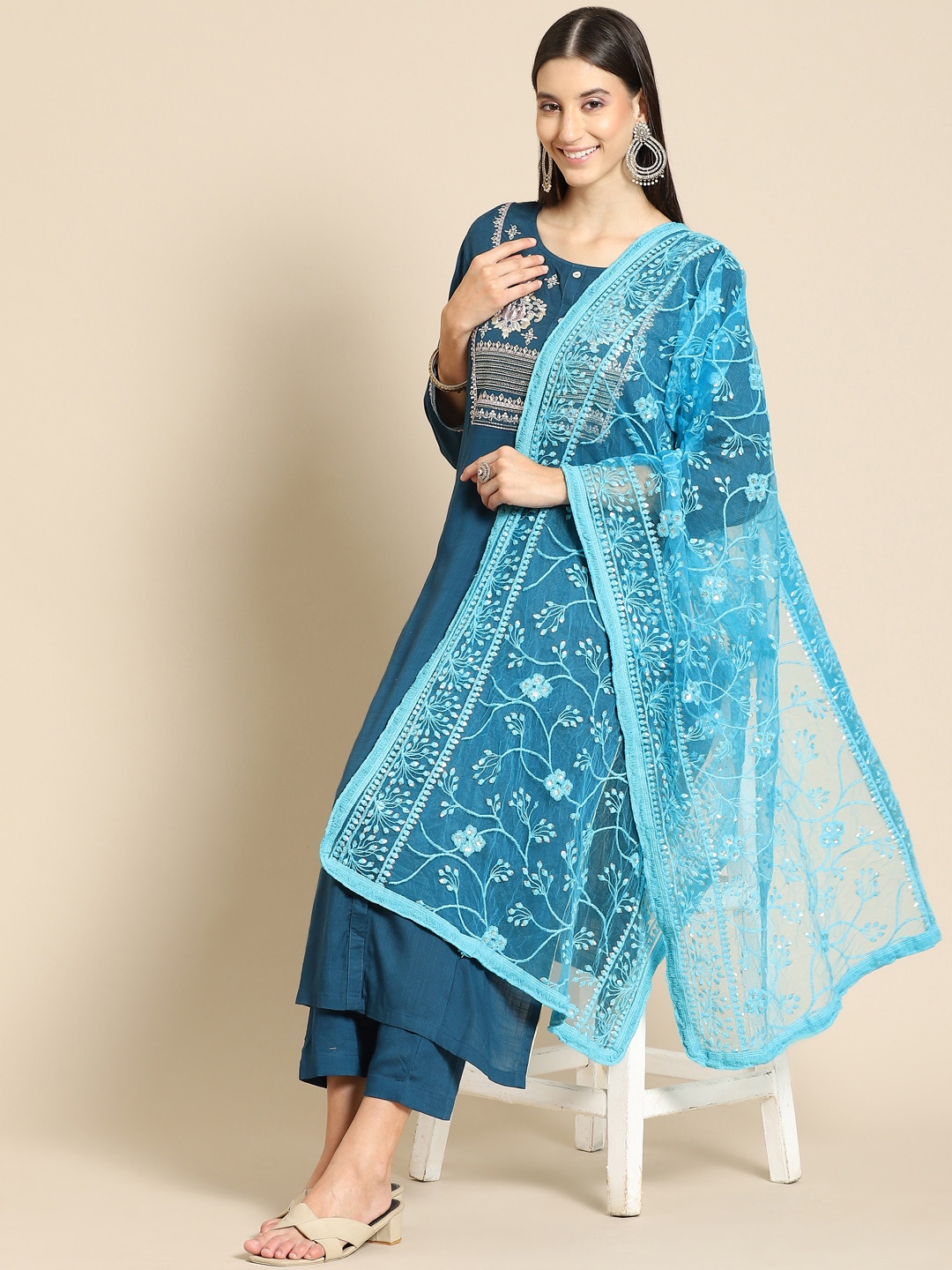 

Saadgi Turquoise Blue & Blue Ethnic Motifs Embroidered Dupatta with Chikankari