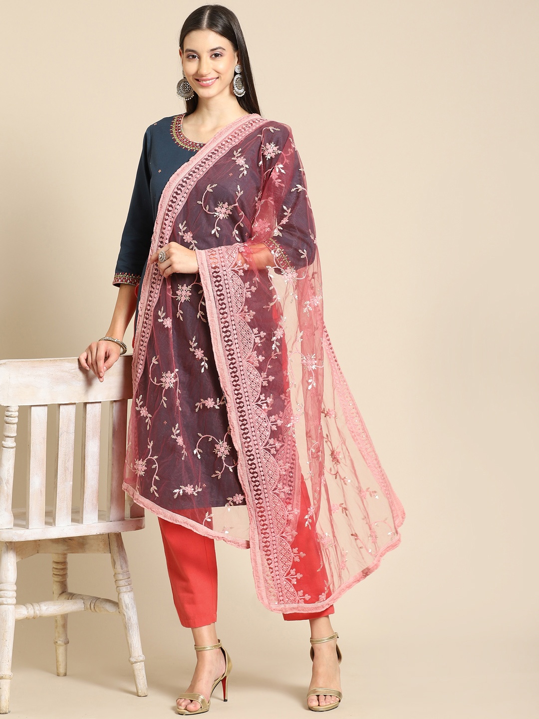 

Saadgi Rose & Golden Chikankari Embroidered Dupatta