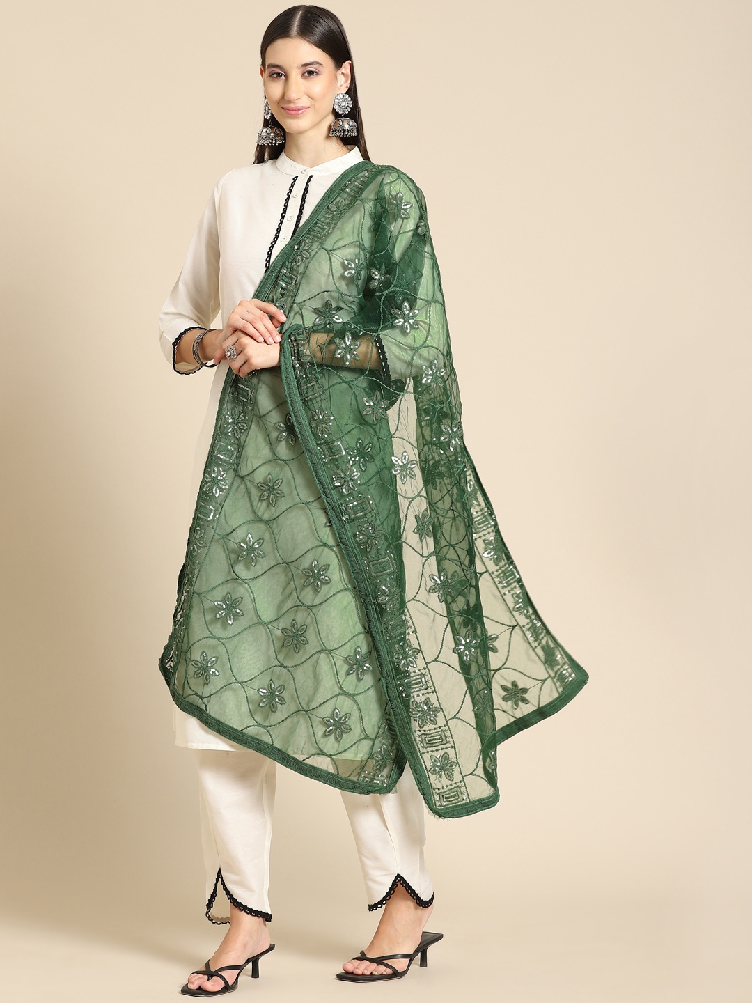

Saadgi Green & Golden Chikankari Embroidered Dupatta