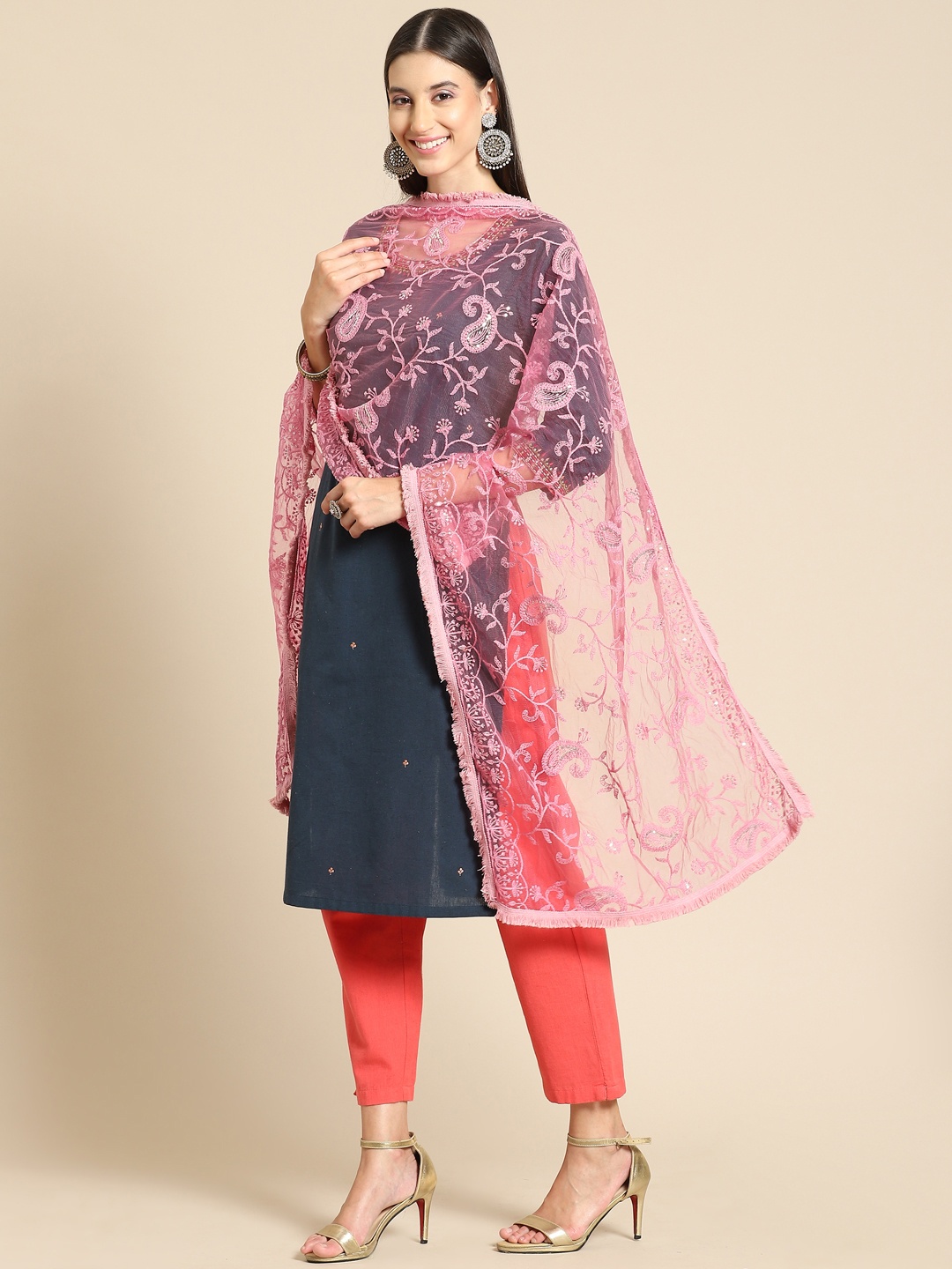 

Saadgi Pink & Golden Chikankari Embroidered Dupatta