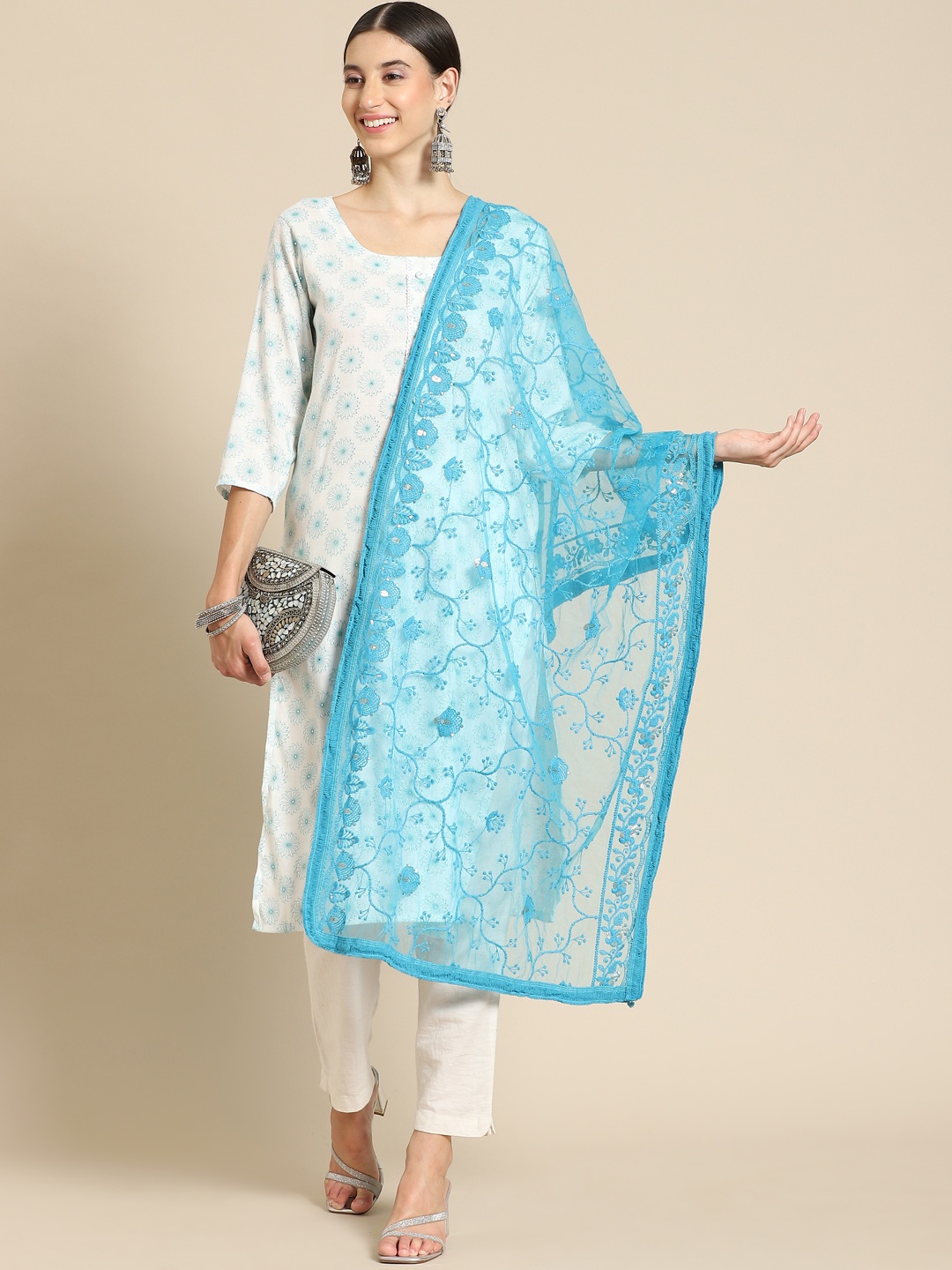 

Saadgi Blue Ethnic Motifs Embroidered Dupatta with Chikankari