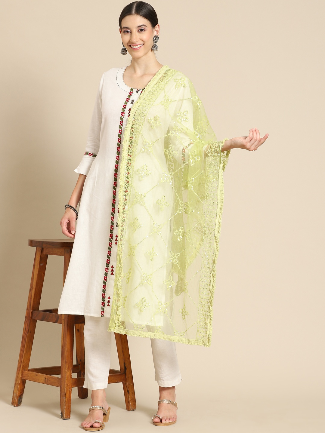 

Saadgi Fluorescent Green Ethnic Motifs Embroidered Dupatta with Chikankari