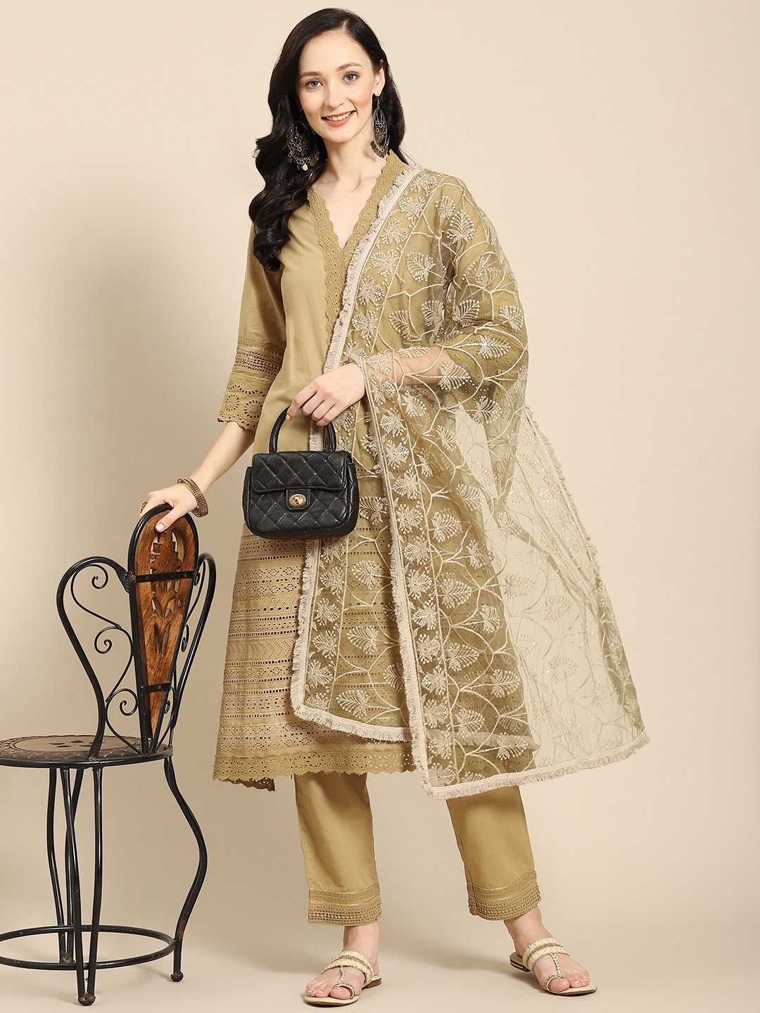 

Saadgi Camel Brown & Golden Chikankari Embroidered Dupatta