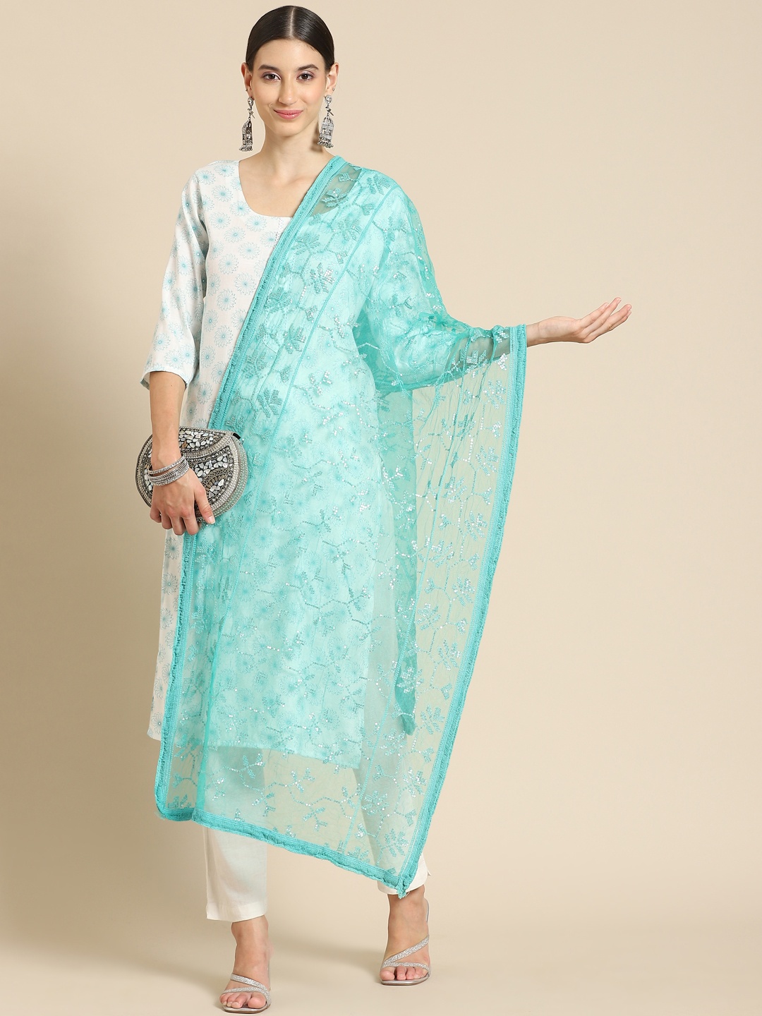 

Saadgi Green & Golden Chikankari Embroidered Dupatta