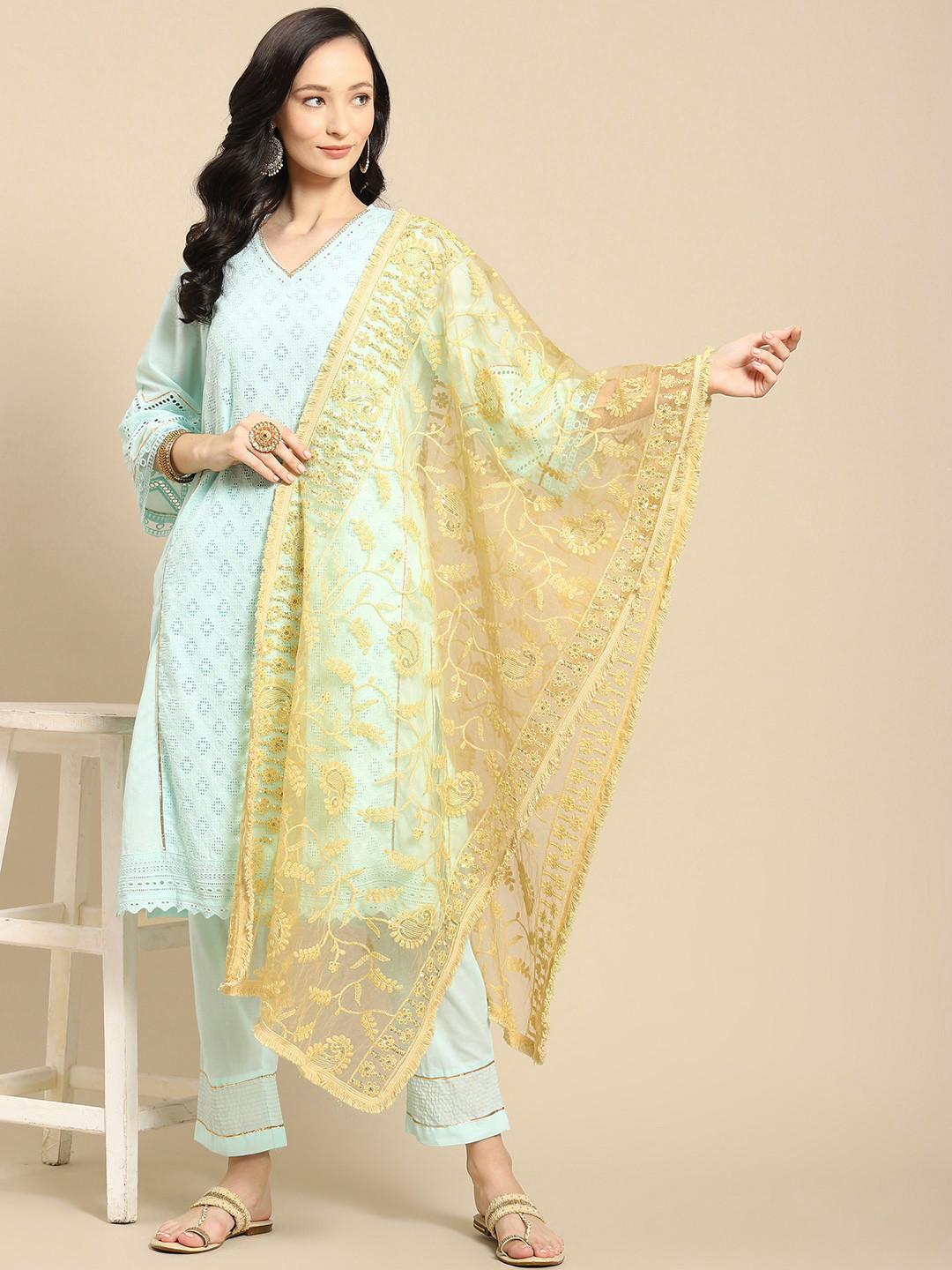 

Saadgi Yellow & Gold-Toned Ethnic Motifs Embroidered Dupatta with Chikankari